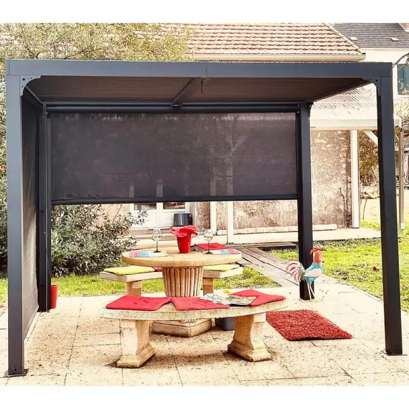 Pergola bioclimatique autoportante aluminium gris 7,20m2 + 2 stores latéraux Marque